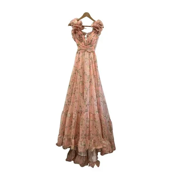 Anthropologie Mac Duggal Indy Ruffle Tiered Floral Chiffon Gown Size 2 Maxi Dres - Picture 5 of 8